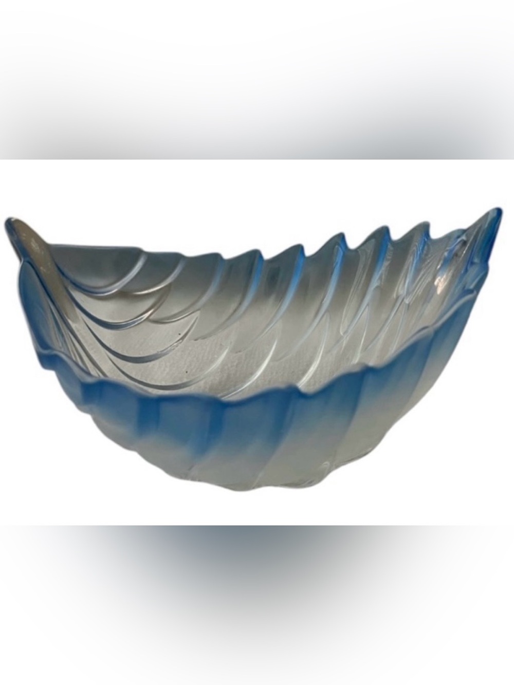 Mid Century Walther glass leaf feather art blue ombré bowl 6” tall x 11” wide